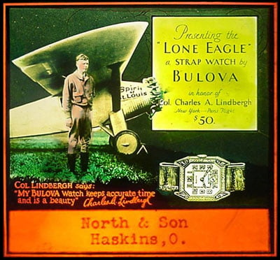 1927 theatre slide with Charles Lindbergh and the Bulova Lone Eagle watch