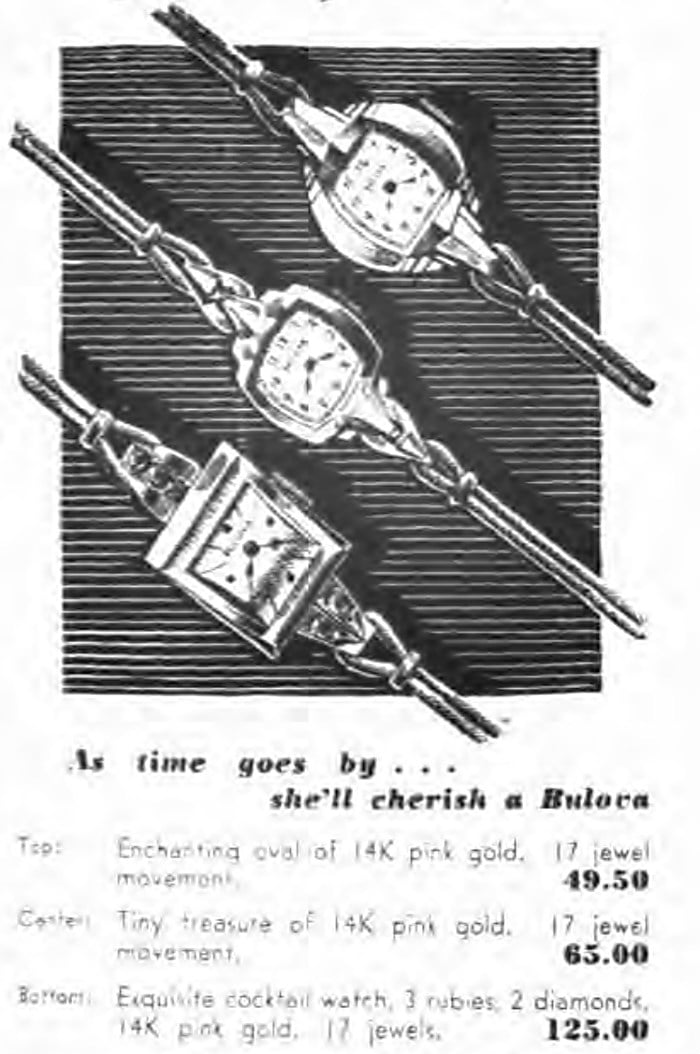 1943 Bulova adverts showing ladies cocktail watch with 3 rubies and 2 diamonds
