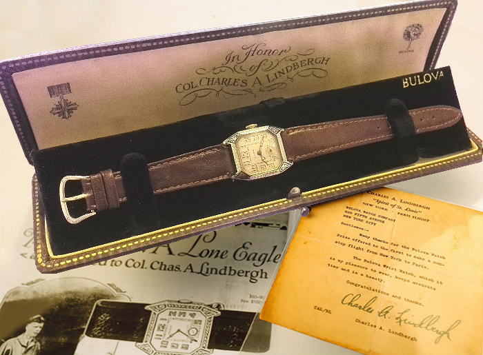 The 1927 Bulova Lone Eagle watch, with original box and facsimile letter from Charles Lindbergh to Bulova.