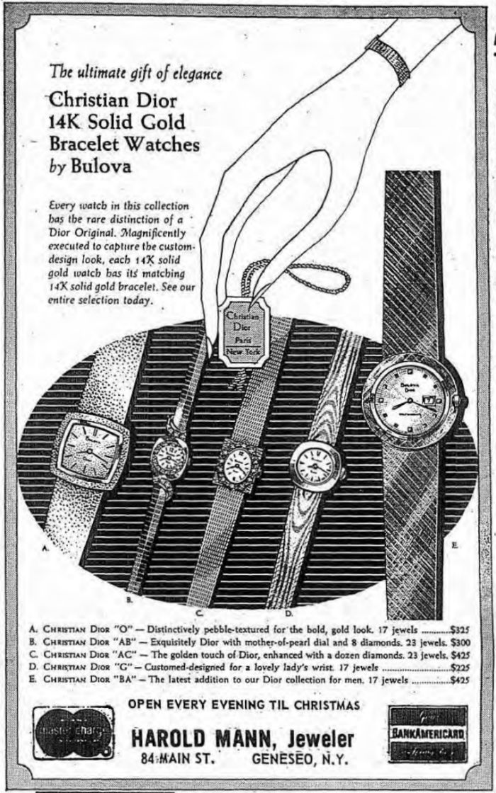 1969 Bulova watch advert Christian Dior 14K solid gold bracelet watches