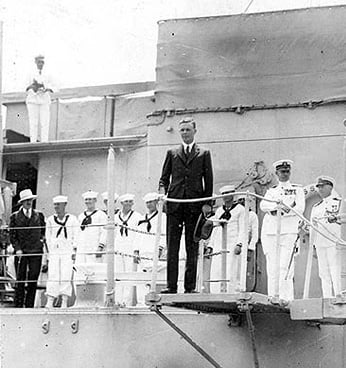 Charles Lindbergh with Richard Blythe aboard the US Memphis, June 11, 1927