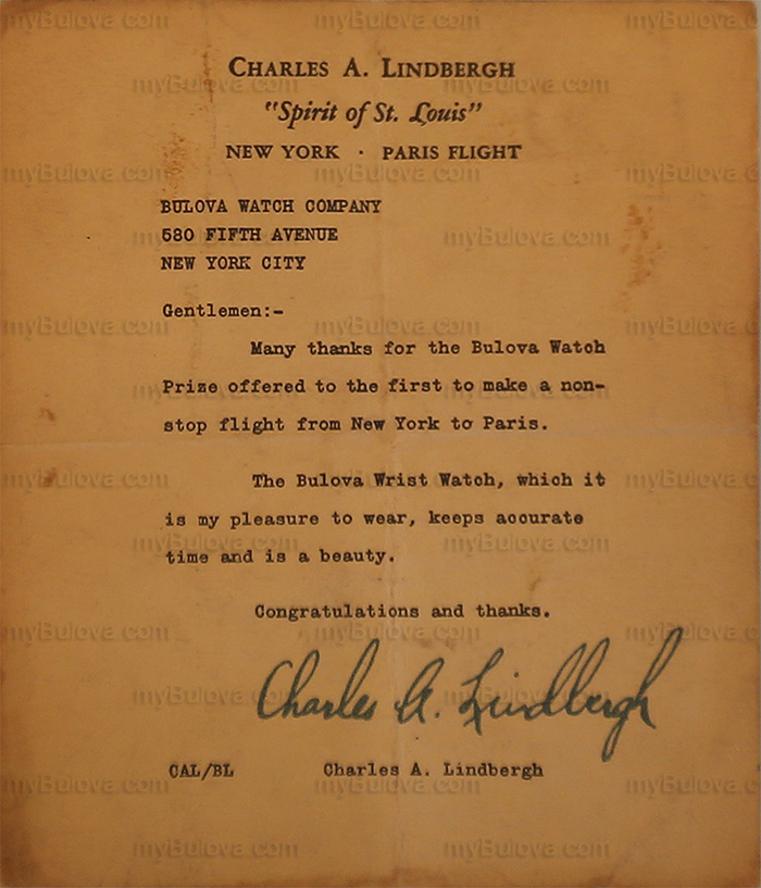 1927 Bulova Lone Eagle Letter from Charles A Lindbergh to Bulova