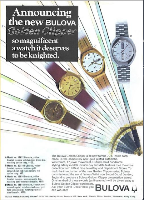 1970 Bulova Golden Clipper sword advert.