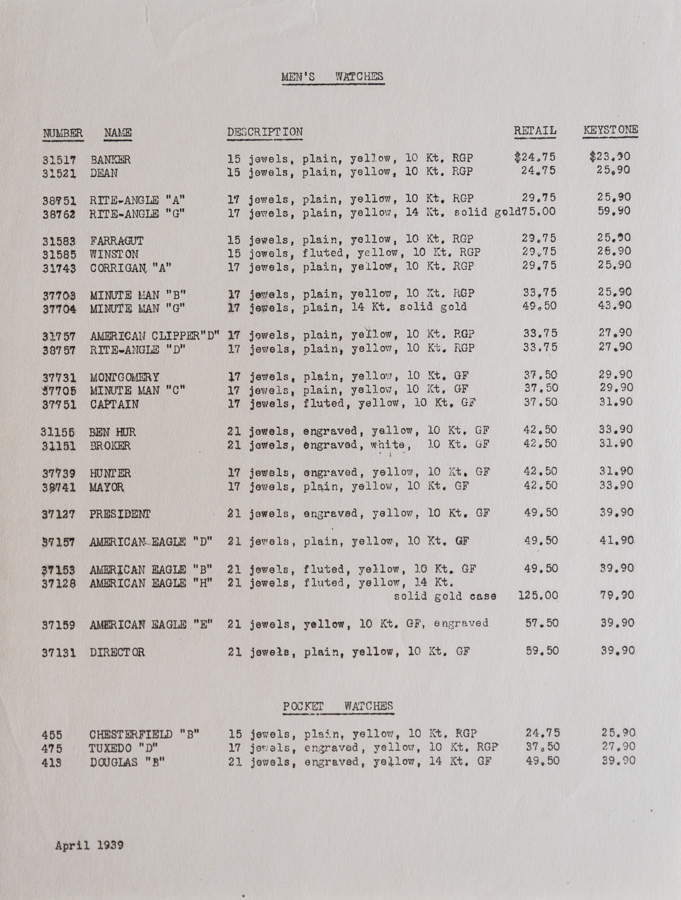 1939 Price list Page 1