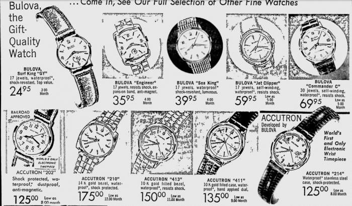 1965 Bulova watch advert, Engineer, Sea King, Jet Clipper, Accutron