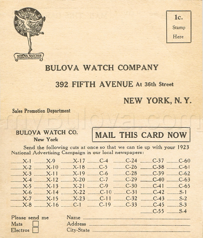 1923 National Advertising Campaign Bulova card
