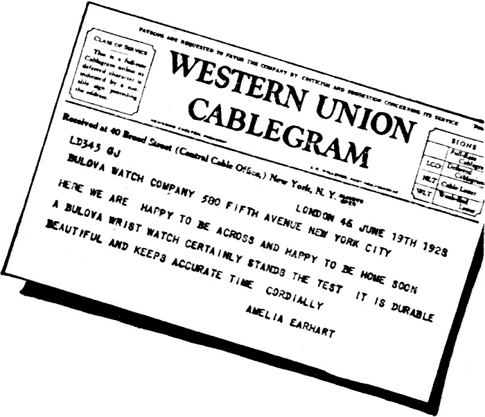 1928 Bulova Lady Lindy - Amelia Earhart - Western Union Cablegram