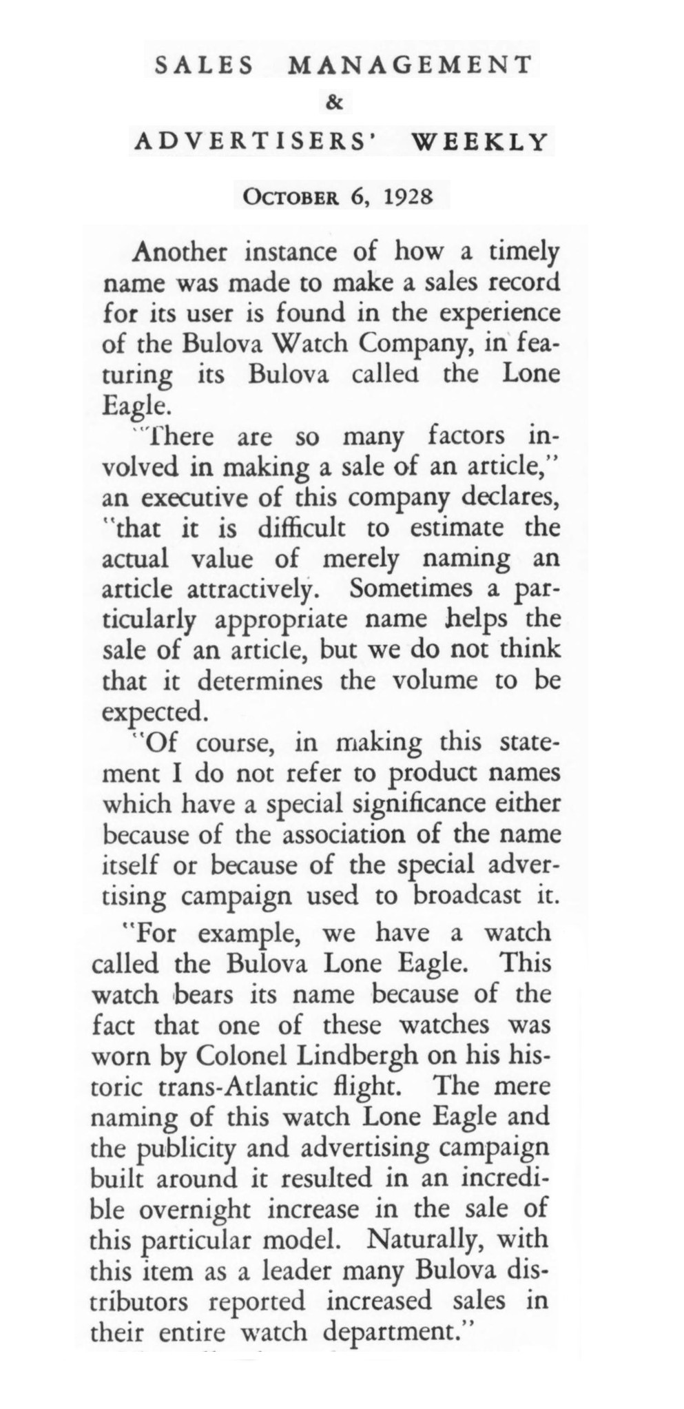 1928 Claim that Charles Lindbergh wore a Bulova watch.