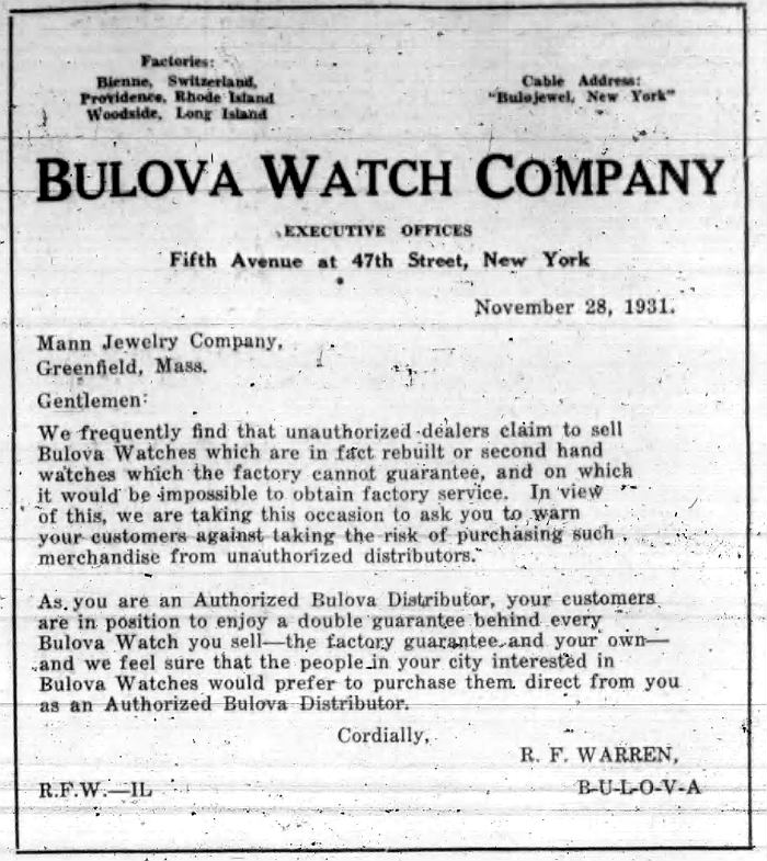 1931 Bulova Watch Company Authorised Dealers 