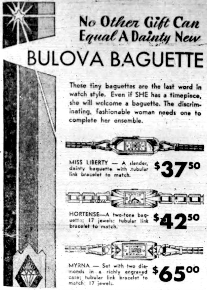 1931 Bulova Baguette watches, Miss Liberty, Hortense, Myrna