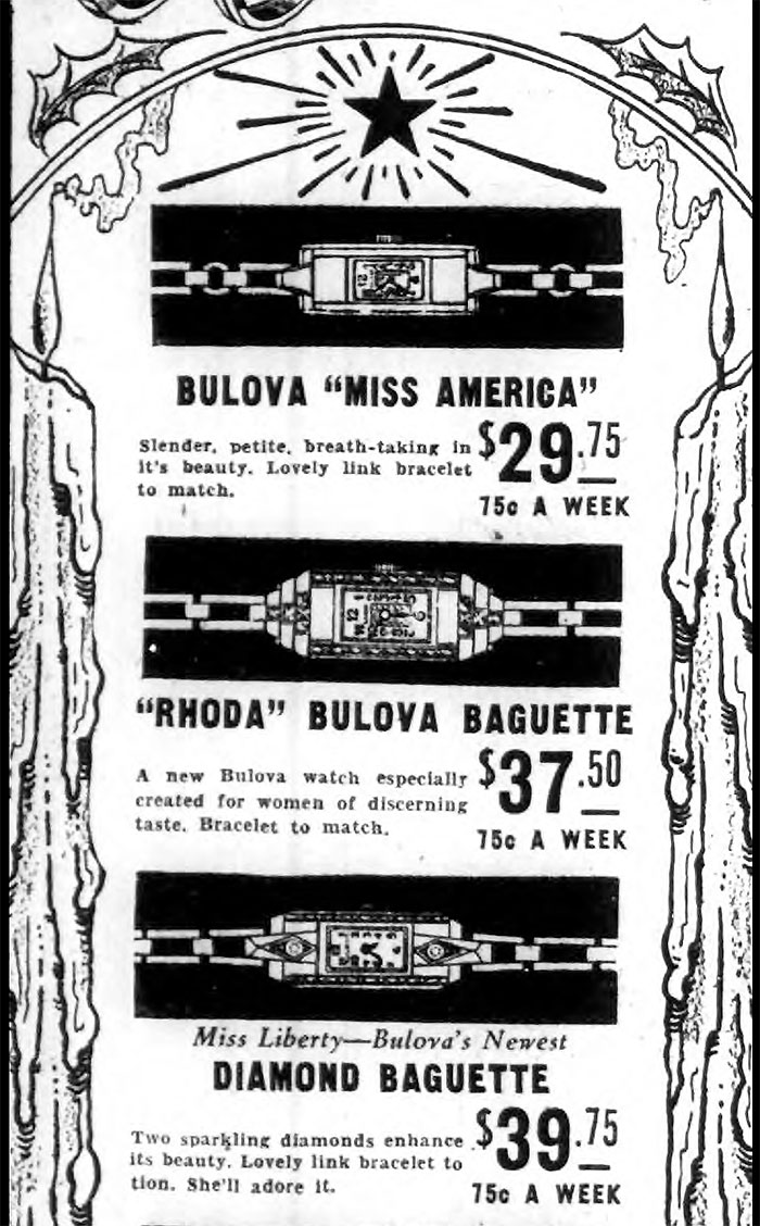 1932 Bulova advertisment. Miss America, Rhoda, Miss Liberty