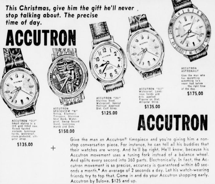 1965 Bulova Accutron watches, 412, Spaceview, 201, Astronaut