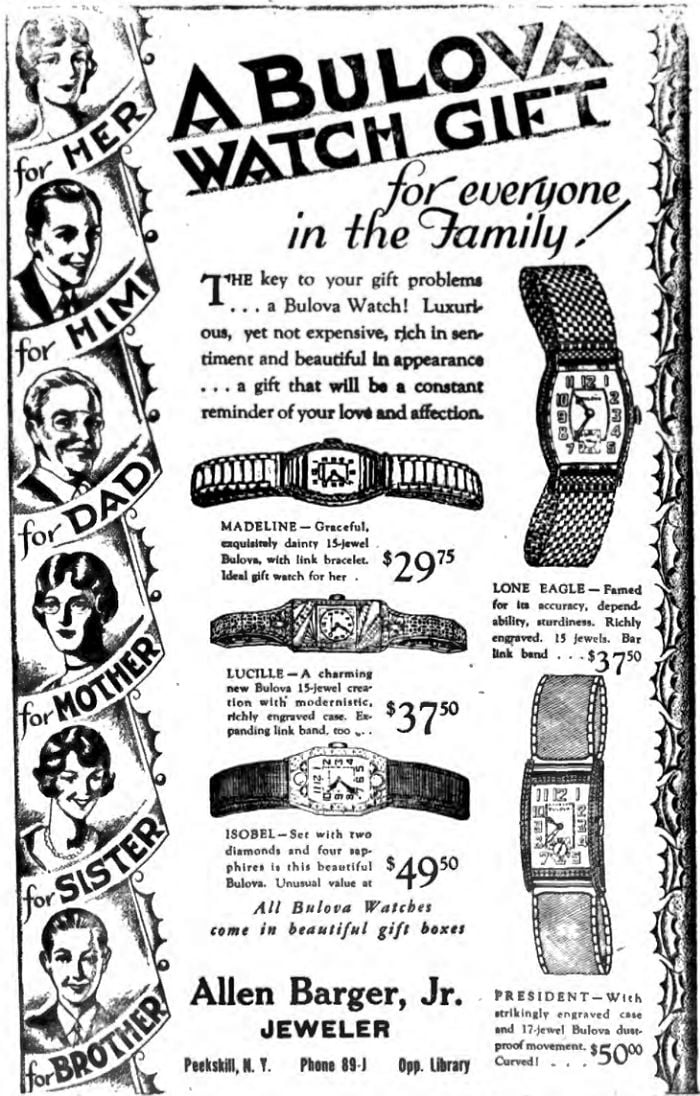 1929 Bulova watch advert Lone Eagle, President, Madeline, Lucille, Isobel