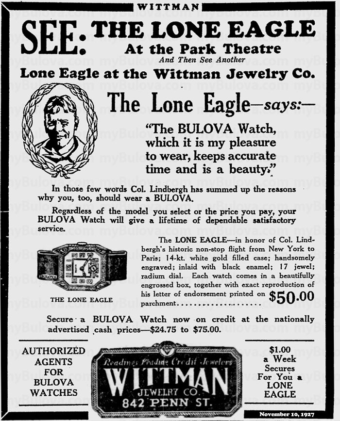 Bulove Lone Eagle advert from the Reading Eagle November 10 1927