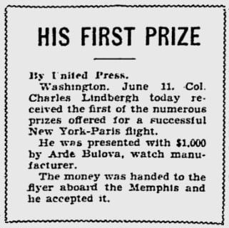 Charles Lindbergh first prize money of $1000 from Bulova